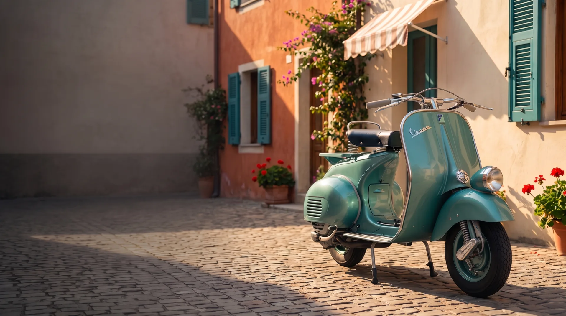Vespa Faro Basso de los años 50 restaurada en color turquesa, aparcada en una calle italiana clásica empedrada